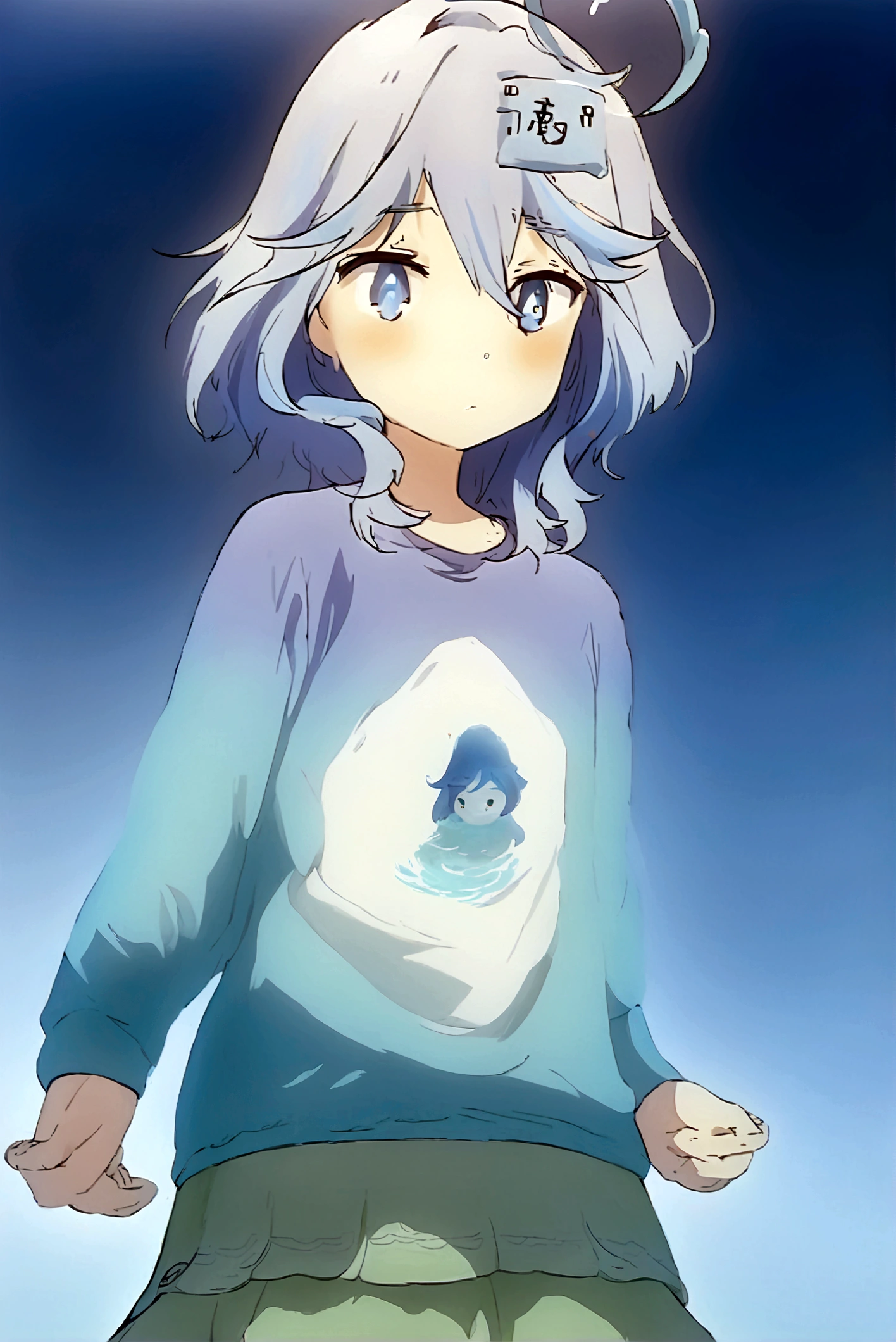 anime girl has blue long hair, drop of water drawn on the pupil like furina, one blue eye and one light blue eye, a sweatshirt with the kanji 水, grey pants, with wings made of water, a blue halo on the head made of water 