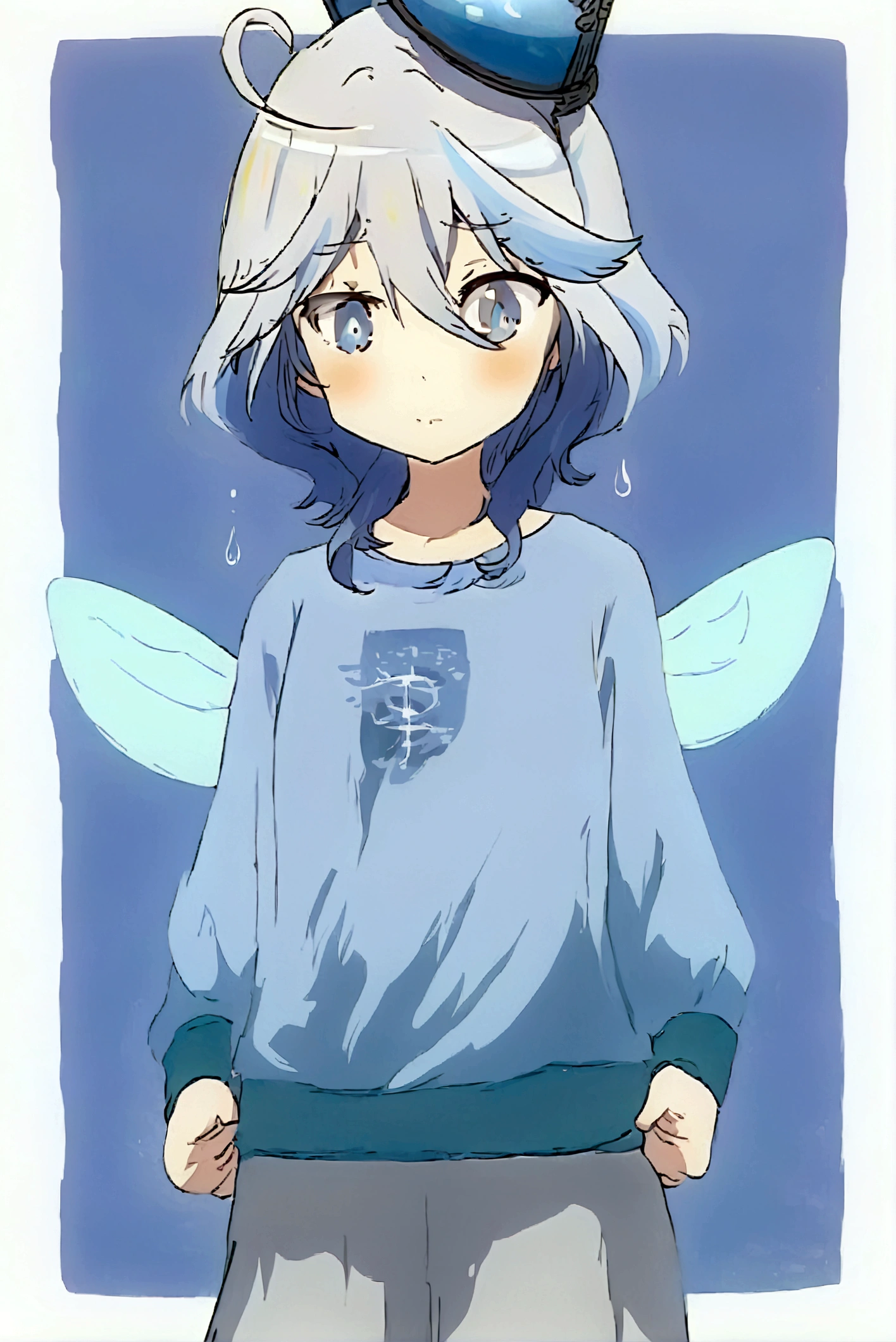 anime girl has blue long hair, drop of water drawn on the pupil like furina, one blue eye and one light blue eye, a sweatshirt with the kanji 水, grey pants, with wings made of water, a blue halo on the head made of water