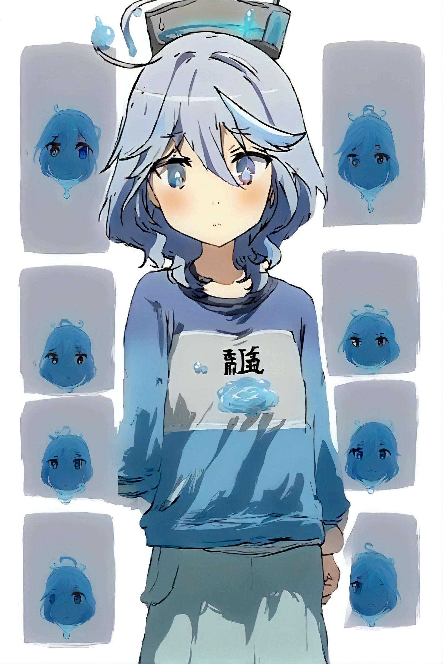 anime girl has blue long hair, drop of water drawn on the pupil like furina, one blue eye and one light blue eye, a sweatshirt with the kanji 水, grey pants, with wings made of water, a blue halo on the head made of water