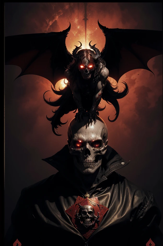 Create a drawing with a DARK theme featuring a skull surrounded by red gargoyles flying within a playing card. The card has white borders and golden letters. The skull and gargoyles should be depicted in a dark and eerie style, contrasting against the light background of the card