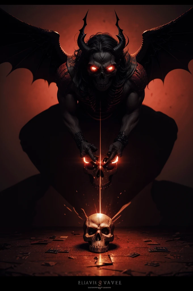 Create a drawing with a DARK theme featuring a skull surrounded by red gargoyles flying within a playing card. The card has white borders and golden letters. The skull and gargoyles should be depicted in a dark and eerie style, contrasting against the light background of the card