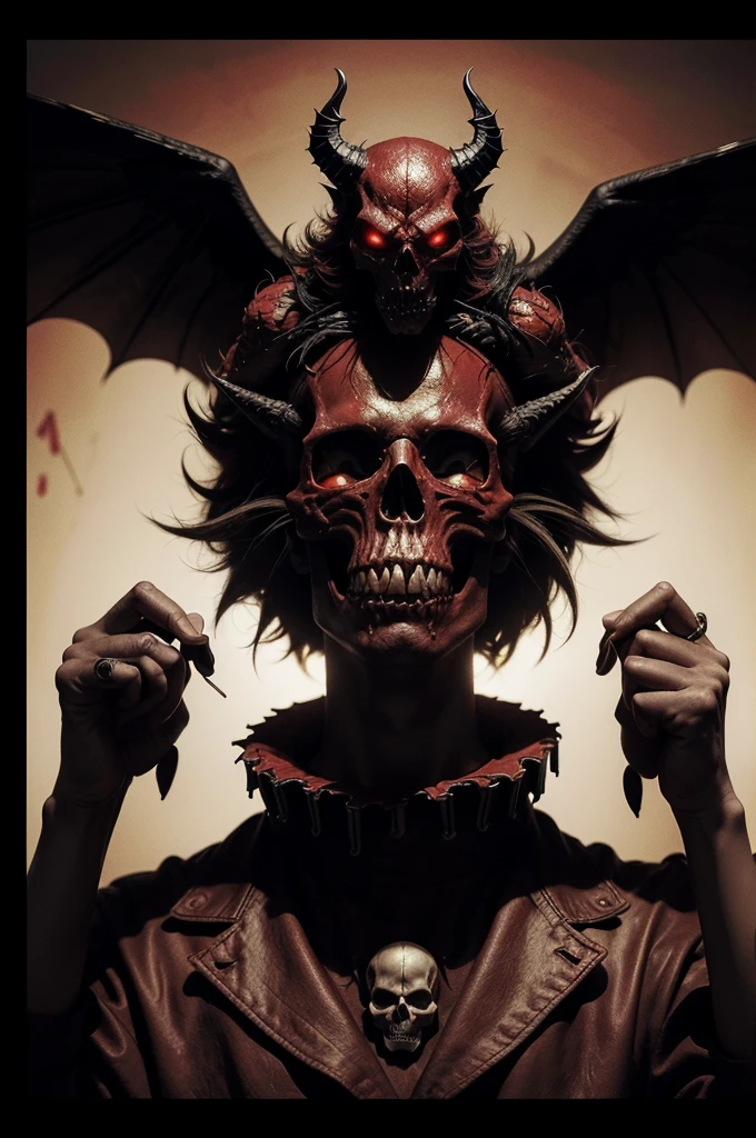 Create a drawing with a DARK theme featuring a skull surrounded by red gargoyles flying within a playing card. The card has white borders and golden letters. The skull and gargoyles should be depicted in a dark and eerie style, contrasting against the light background of the card