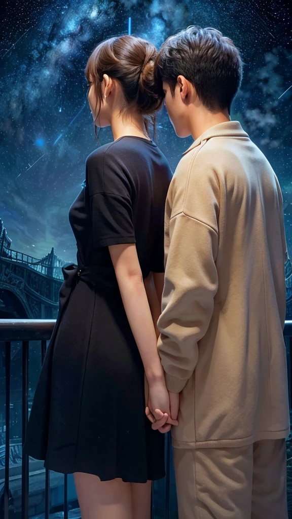 under the beautiful starry sky Stand shoulder to shoulder Male and female back view An illustration Hands are not connected
