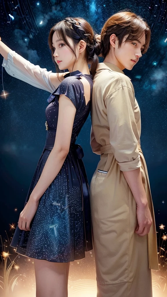 under the beautiful starry sky Stand shoulder to shoulder Male and female back view An illustration Hands are not connected