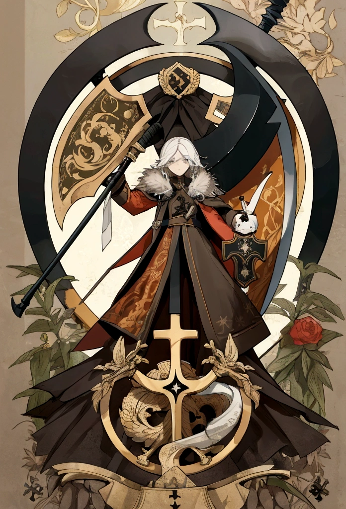 "Family coat of arms represented by a tree in the center, a scythe on the left, a hammer on the right and a cross at the top.
