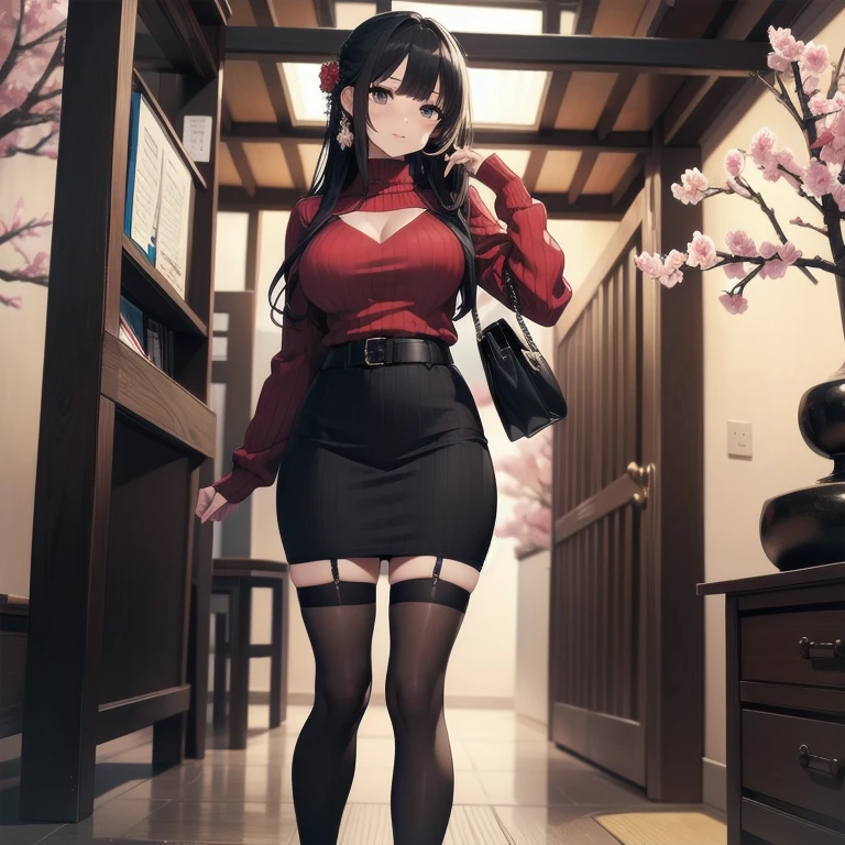 1girl, anime, black eyes, long black hair with square bangs, very long black hair, super long black hair, skirt and stockings, heels, black Japanese style kimono mixed with ribbed black sweater with red accents and sakura floral design, ((ribbed black sweater)) adult, (Japanese shrine/temple background), gamer, (((gamergirl))),  (((office lady))), kimono sleeves, garter, graceful, (nerdy), ((large chest)), ((big chest)), (busty)