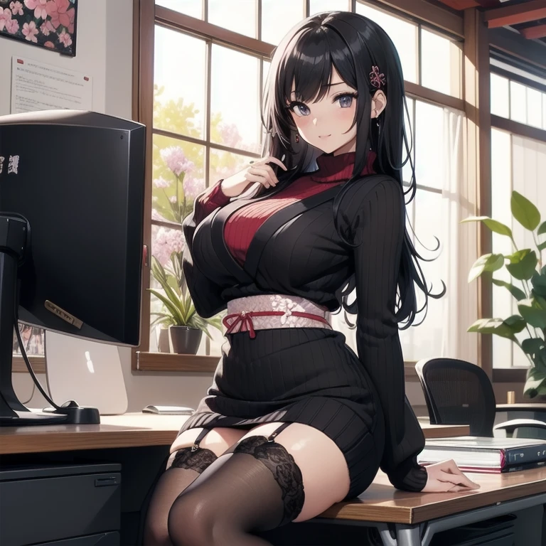 1girl, anime, black eyes, long black hair with square bangs, very long black hair, super long black hair, skirt and stockings, heels, black Japanese style kimono mixed with ribbed black sweater with red accents and sakura floral design, ((ribbed black sweater)) adult, (Japanese shrine/temple background), gamer, (((gamergirl))), (((office lady))), kimono sleeves, garter, graceful, (nerdy), ((large chest)), ((big chest)), ()