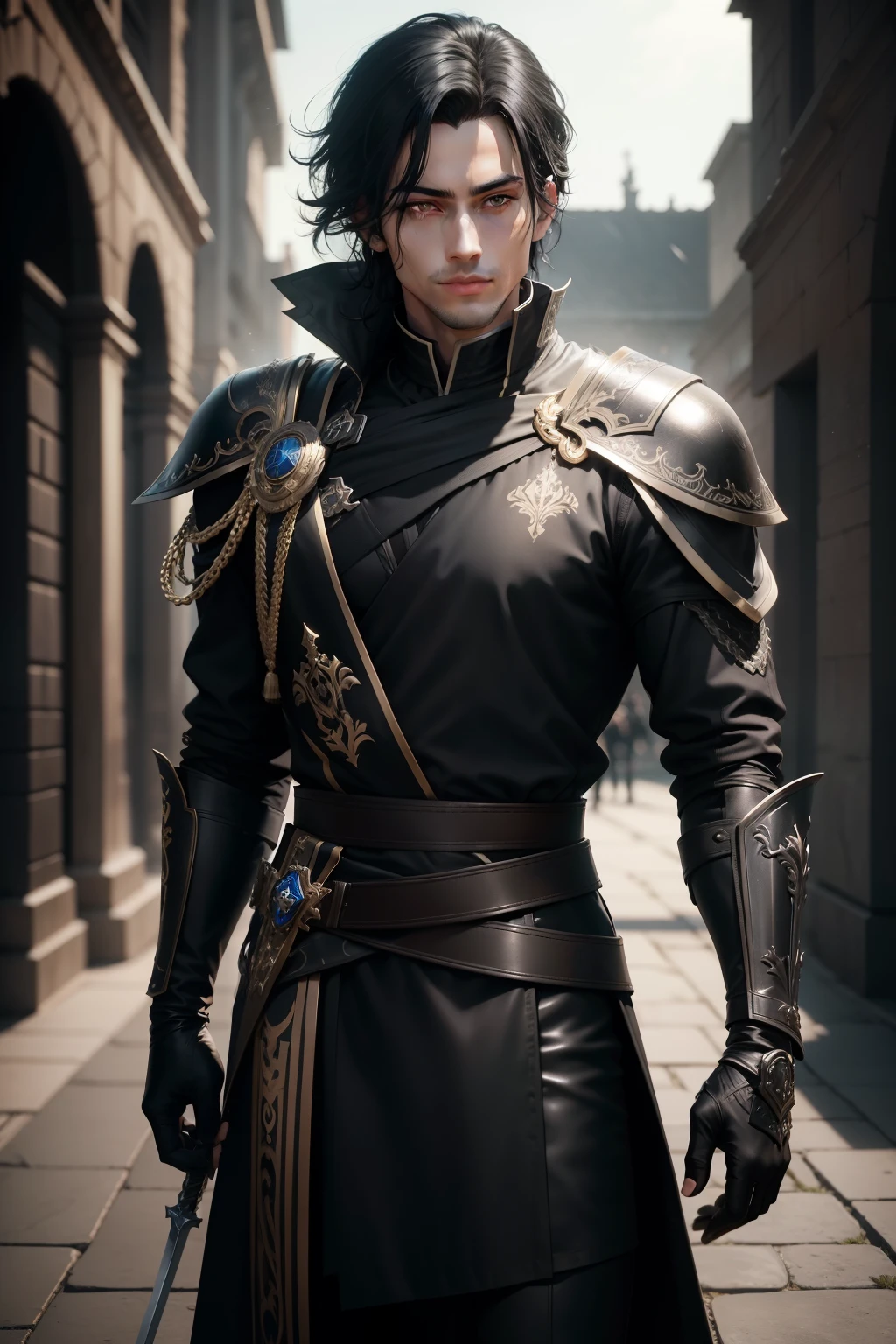 Slightly longer black hair　Young handsome prince with dark eyes　Metallic Black Special Forces Exterior　olhos gentis　Handsome prince with a gentle smile　Equipped with a sword at his waist　Wear black leather gloves on your hands　ruins　Style Gwaitz　realisitic　Precision details　UnrealEngine