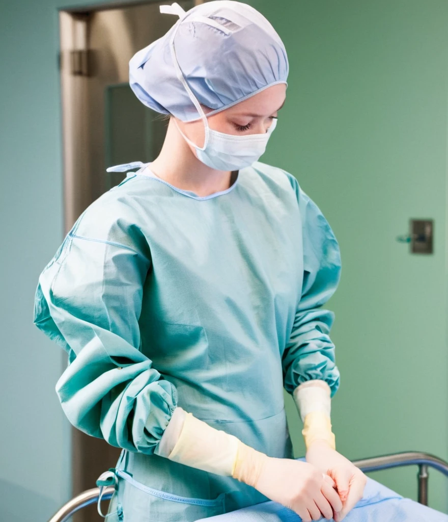 score_9,  score_8_up, score_7_up, pale skin, his face showed signs of embarrassment,  scrubs, surgical mask, surgical cap, long sleeve surgical gown, seamless, no seams, no buttons, tight fitting, see nipples,
1girl, big breasts, solo, rubber gloves, looking down, furrowed brow, hospital bed, standing