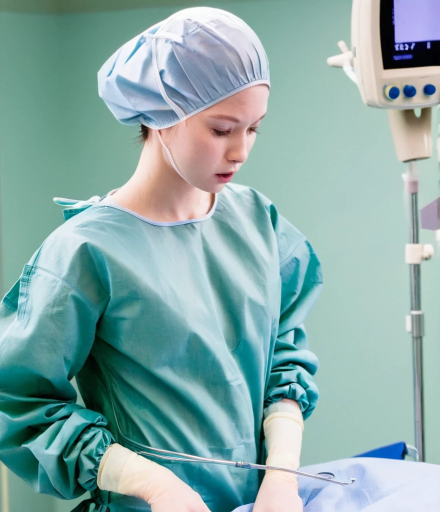 score_9, score_8_up, score_7_up, pale skin, his face showed signs of embarrassment, scrubs, surgical mask, surgical cap, long sleeve surgical gown, seamless, no seams, no buttons, tight fitting, see nipples,
1girl, big breasts, solo, rubber gloves, looking down, furrowed brow, hospital bed, standing