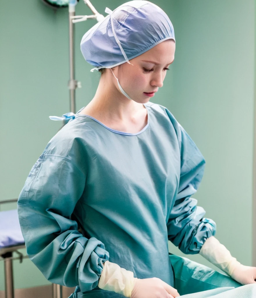 score_9, score_8_up, score_7_up, pale skin, his face showed signs of embarrassment, scrubs, surgical mask, surgical cap, long sleeve surgical gown, seamless, no seams, no buttons, tight fitting, see nipples,
1girl, big breasts, solo, rubber gloves, looking down, furrowed brow, hospital bed, standing