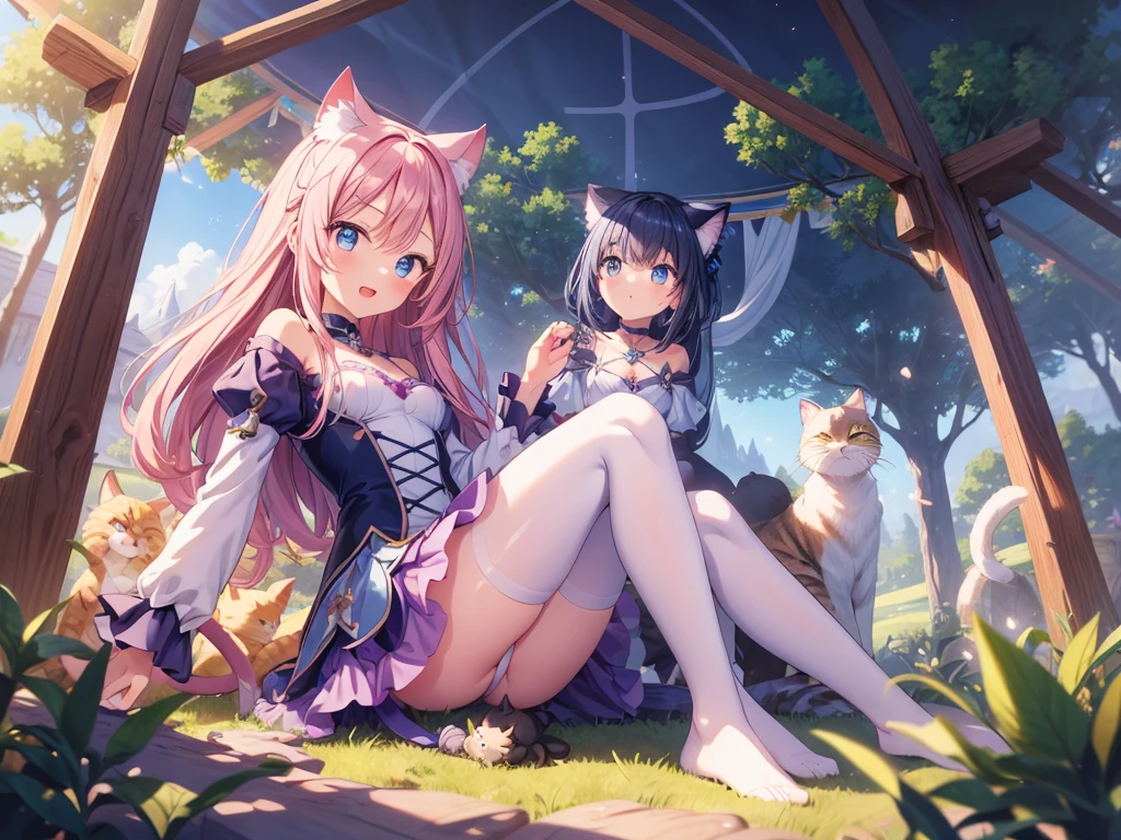 culmination masterpiece, impressive moment, unexampled superlative highres definitely organized detail, (x-ray), from fowerd, from front, close contact, perfect fullbody, perfect hands, perfect face, perfect eyes, (2rest conspicuous nifty chibi magical girls in tent with perfect cats), fantasy world, forest field, illustration, Artistic, peaceful atmosphere, morning,