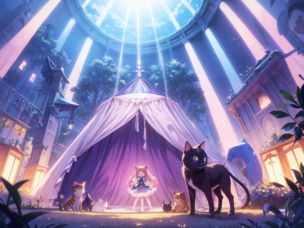 culmination masterpiece, impressive moment, unexampled superlative highres definitely organized detail, (x-ray), from fowerd, from front, close contact, perfect fullbody, perfect hands, perfect face, perfect eyes, (2rest conspicuous nifty chibi magical girls in tent with perfect cats), fantasy world, forest field, illustration, Artistic, peaceful atmosphere, morning,