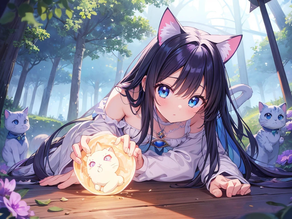 culmination masterpiece, impressive moment, unexampled superlative highres definitely organized detail, (x-ray), from fowerd, from front, close contact, perfect fullbody, perfect hands, perfect face, perfect eyes, (2rest conspicuous nifty chibi magical girls in tent with perfect cats), fantasy world, forest field, illustration, Artistic, peaceful atmosphere, morning, 
