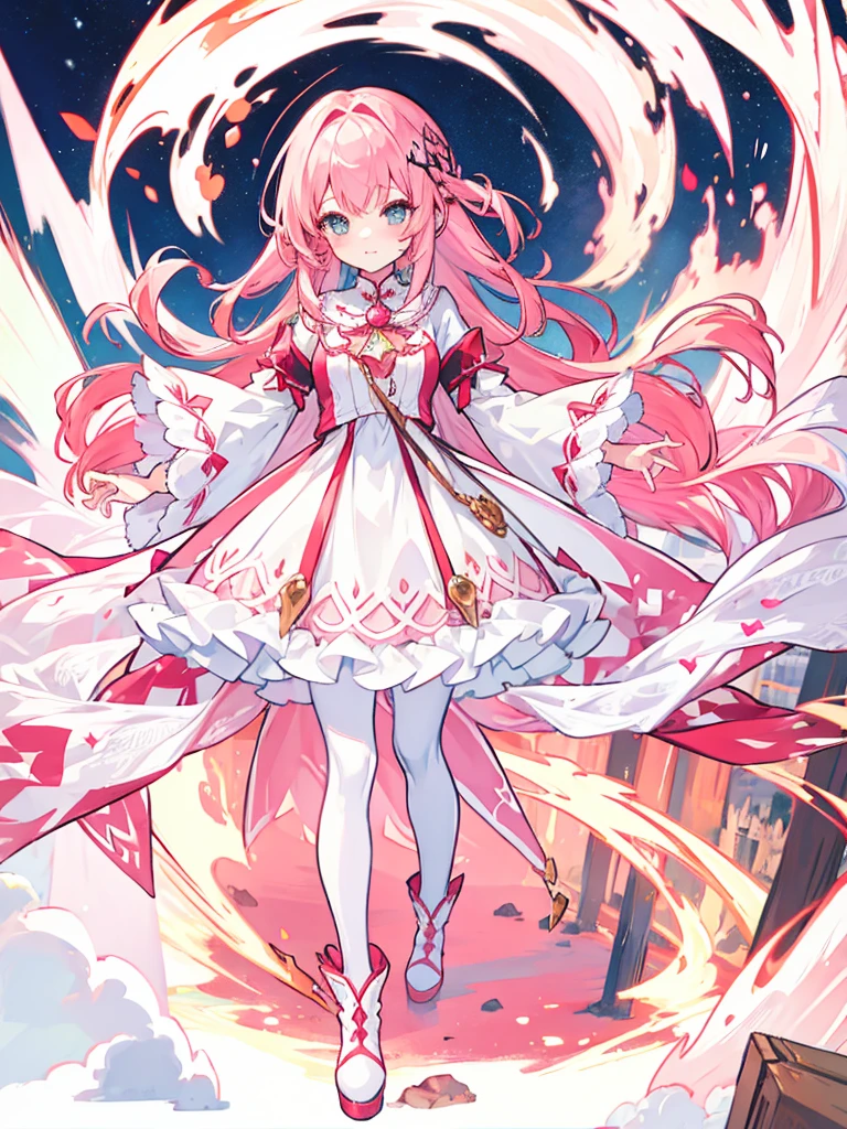 fantasy world girl with colorful hair, accessories, detailed clothes, pantyhose, white and red clothes, pink hair, boots