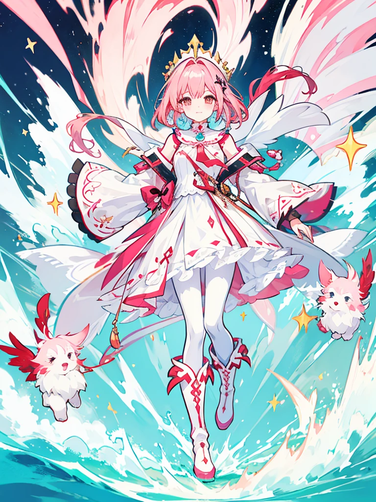 fantasy world girl with colorful hair, accessories, detailed clothes, pantyhose, white and red clothes, pink hair, boots
