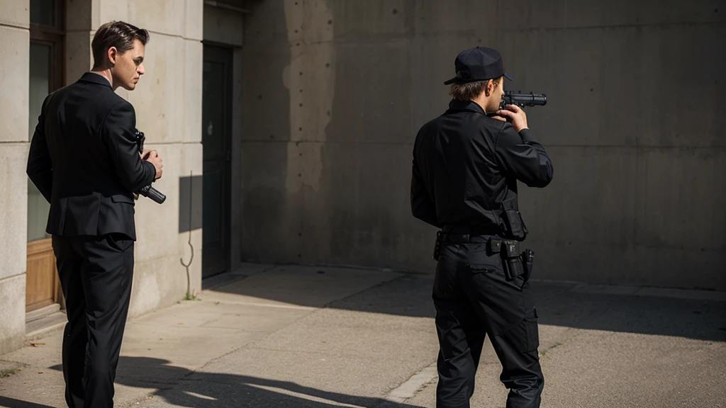 secret agent in suit in shooting position and looking back while pointing his gun in front