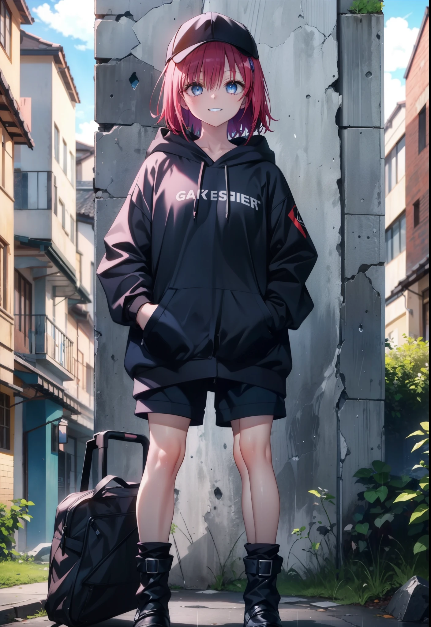 (masterpiece, Highest quality:1.2),shape,8K,High resolution,mea kurosaki,Mea Kurosaki,Redhead,Long Hair,Purple eyes,1 Girl,Baseball hats,Oversized black hoodie,Black shorts,short boots,Grin,smile,Both hands are in the pockets of the hoodie,graffiti,Hiding in a roofed building,Standing leaning against a wall,rain,night,cloudy,whole bodyがイラストに入るように,
break looking at viewer,whole body,
break outdoors, Alley,
break (masterpiece:1.2), Highest quality, High resolution, ユニティ 8K 壁紙, (shape:0.8), (Beautiful and beautiful eyes:1.6), Highly detailed face, Perfect lighting, Highly detailed CG, (Perfect hands, Perfect Anatomy),