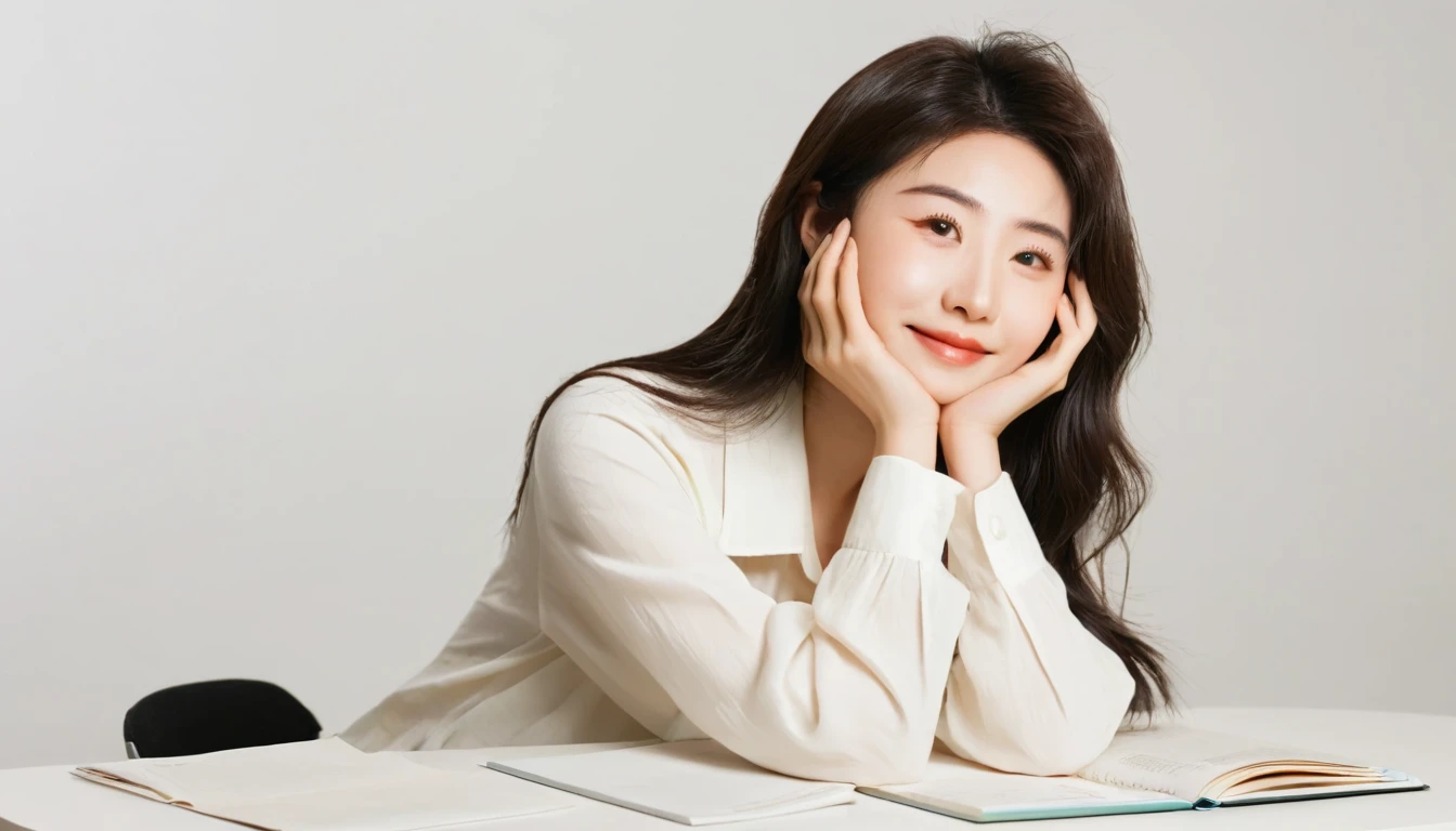 Sitting at a desk、hion model face, Put your head on your hands, 疲れ24歳のJapanese womenが机に座っていて、A simple illustration of a person expressing relief and happiness when a problem is solved。Clean Lines、Flat Design、No background。, 24Photo of a year old woman, Japanese women