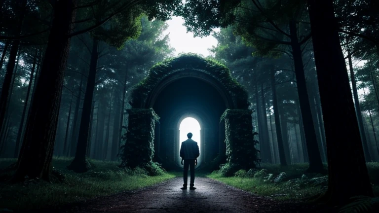 mysterious forest with many giant trees , in the background a portal to another dimension, young man explorer observing the portal . dark scene, luminosity in the portal.