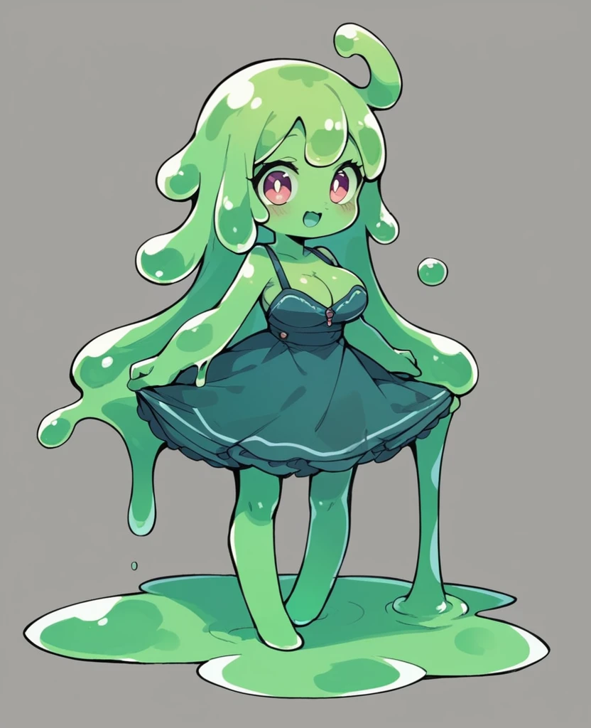 cute,(green slime girl),loli,full body,dress,large breasts