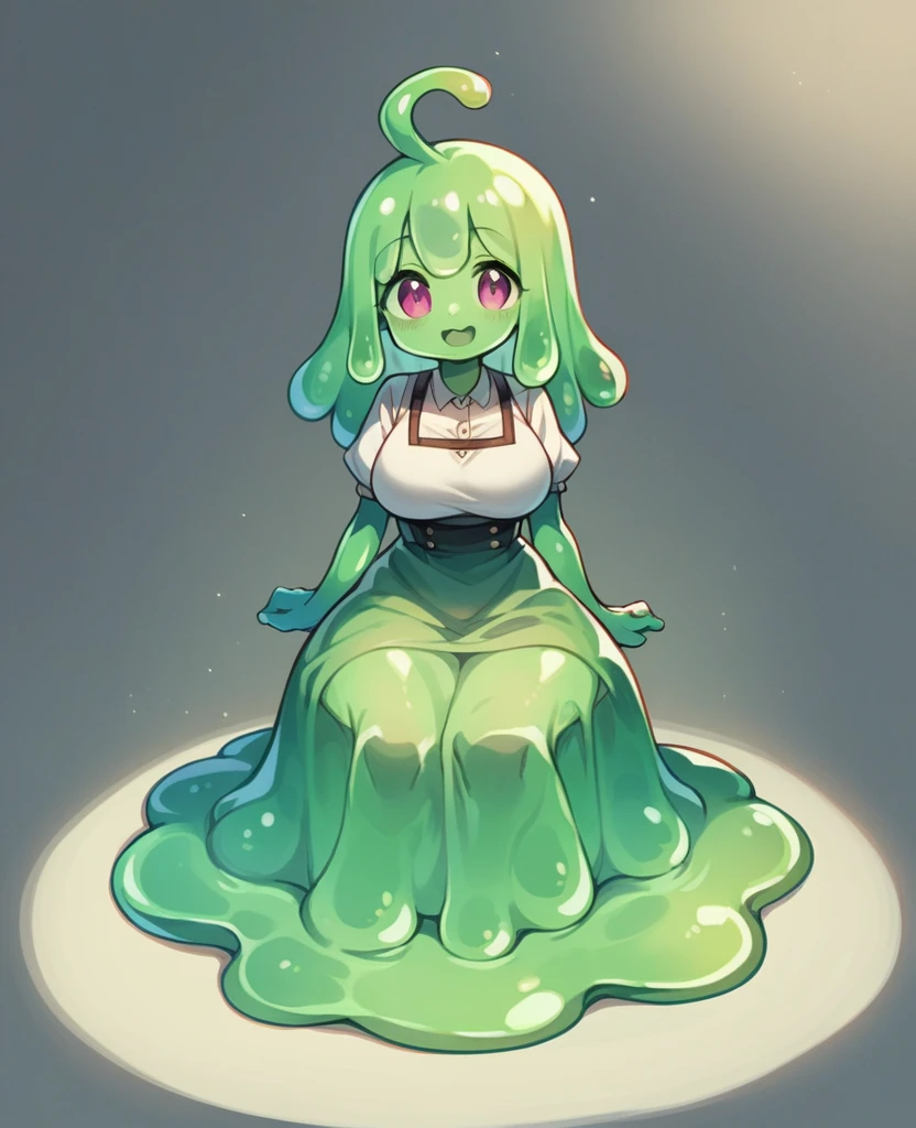 cute,(green slime girl),loli,full body,dress,large breasts