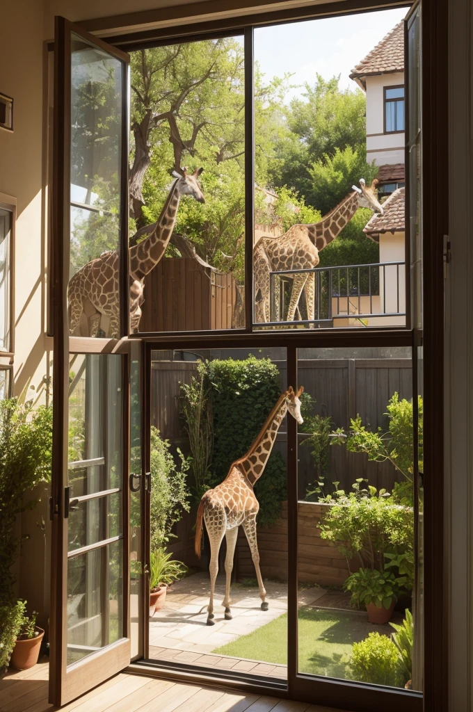 A house with a garden and a giraffe that comes to the window