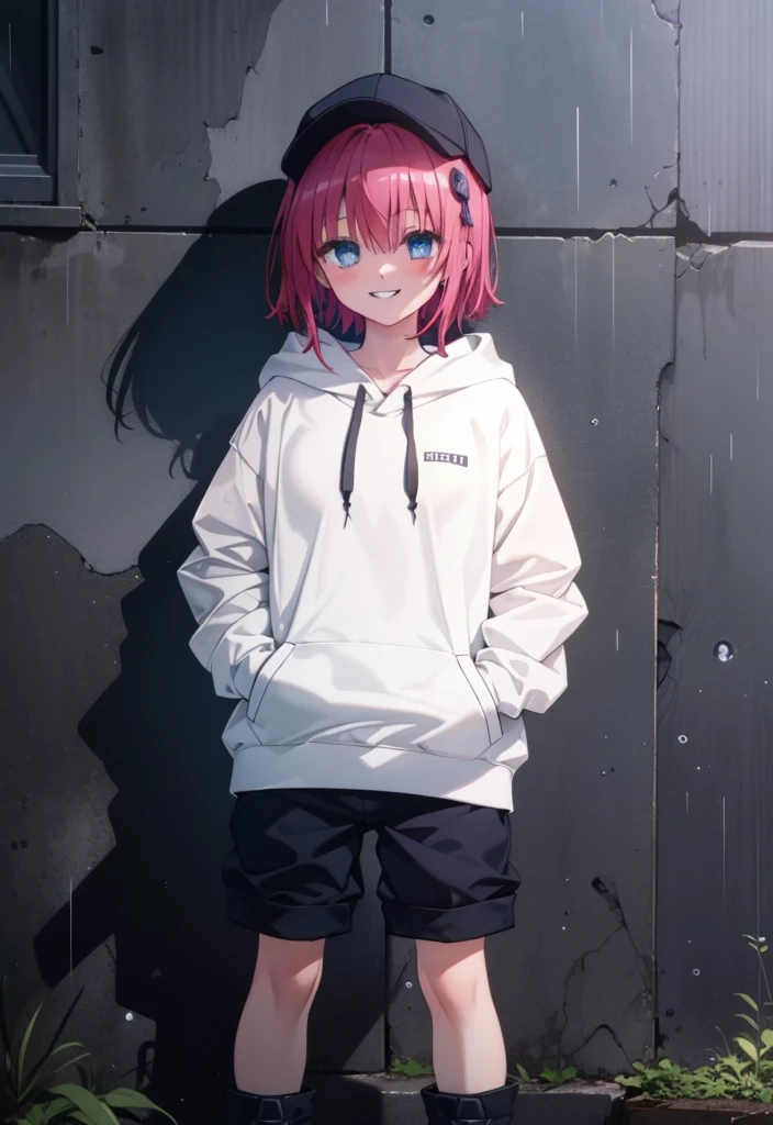 (masterpiece, Highest quality:1.2),shape,8K,High resolution,mea kurosaki,Mea Kurosaki,Redhead,Long Hair,Purple eyes,1 Girl,Baseball hats,Oversized black hoodie,Black shorts,short boots,Grin,smile,Both hands are in the pockets of the hoodie,graffiti,Hiding in a roofed building,Standing leaning against a wall,rain,night,cloudy,whole bodyがイラストに入るように,
break looking at viewer,whole body,
break outdoors, Alley,
break (masterpiece:1.2), Highest quality, High resolution, ユニティ 8K 壁紙, (shape:0.8), (Beautiful and beautiful eyes:1.6), Highly detailed face, Perfect lighting, Highly detailed CG, (Perfect hands, Perfect Anatomy),