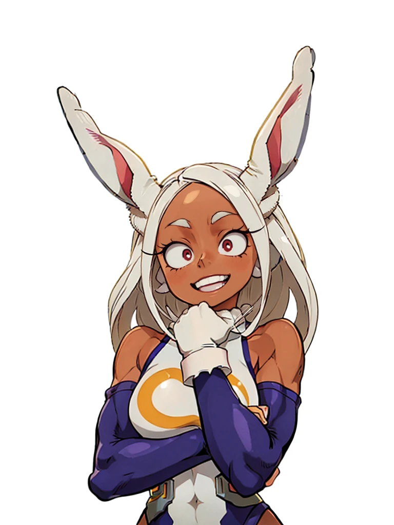 ((mirko, dark_skin, leotard, rabbit_girl, kneehighs, red_eyes, white background)), upper body, crazy big smile, same as original, anatomically correct, fixed hand, hand on chin