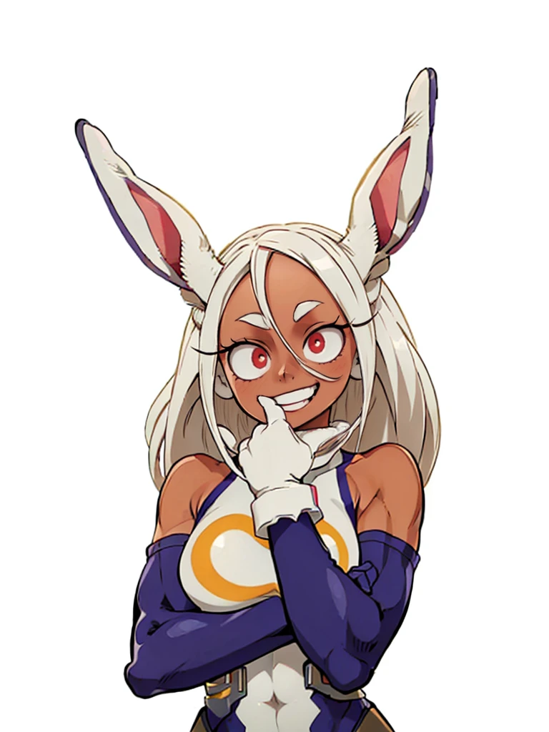 ((mirko, dark_skin, leotard, rabbit_girl, kneehighs, red_eyes, white background)), upper body, crazy big smile, same as original, anatomically correct, fixed hand, hand on chin