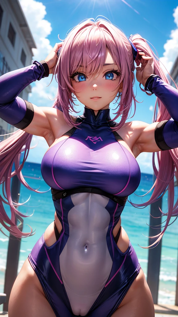 Create a hyper-realistic anime cartoon style 3D image of a beautiful girl with a toned fitness body, voluptuous and perfectly detailed blue eyes, bathed in the sun dressed sensually in violet colors, pink and sky blue, with all its equipment in a fantastic environment of vibrant colors apply intense microparticle techniques in all colors the image must be perfectly detailed and great with great dynamic poses apply HDMI technologies, 300 dpi and full definition 