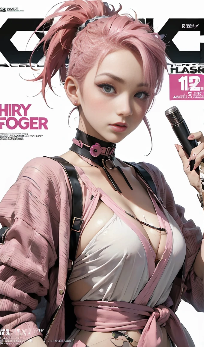 best quality, works of masters, high resolution, 1 woman, What a beautiful face, really beautiful eyes, very beautiful pink mohawk hair，(magazine cover:1.2)，Trendy Harajuku style rock outfit，bare one's shoulders, highlighted super huge super huge , showing cleavage,(huge :1.8), (small waist:1.1),((very :1.6))