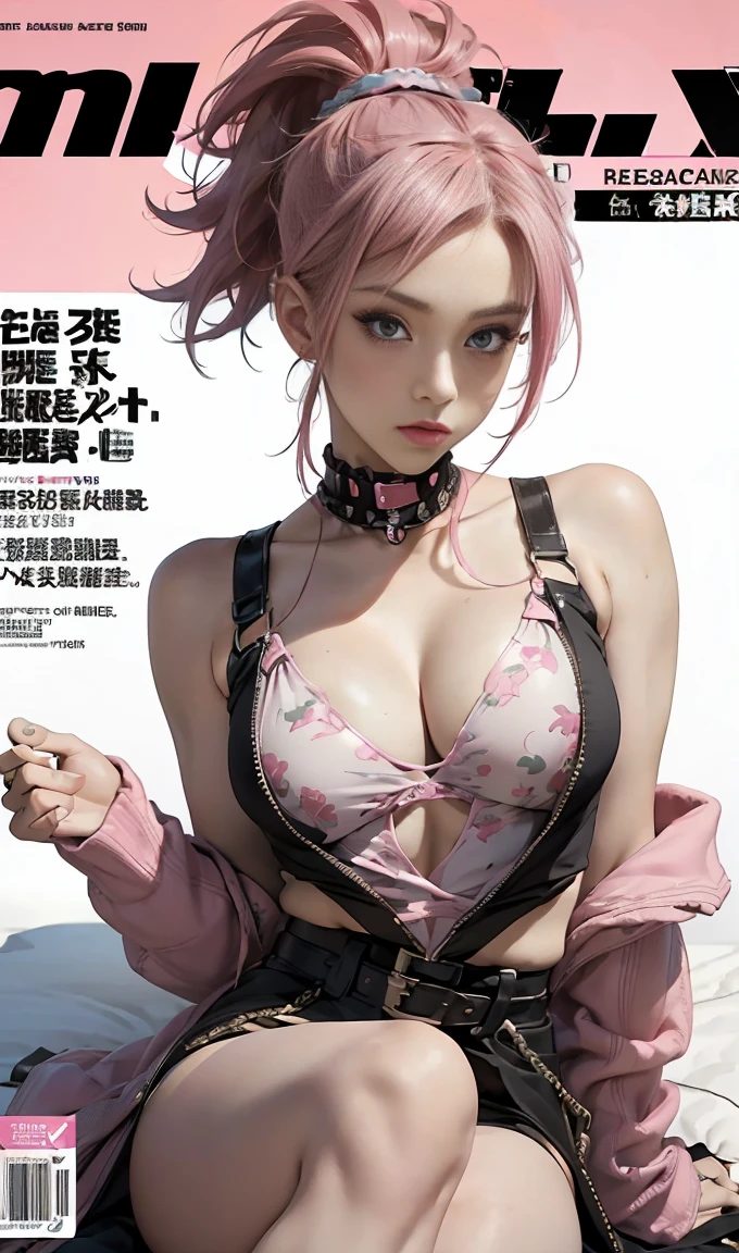 best quality, works of masters, high resolution, 1 woman, What a beautiful face, really beautiful eyes, very beautiful pink mohawk hair，(magazine cover:1.2)，Trendy Harajuku style rock outfit，bare one's shoulders, highlighted super huge super huge , showing cleavage,(huge :1.8), (small waist:1.1),((very :1.6))
