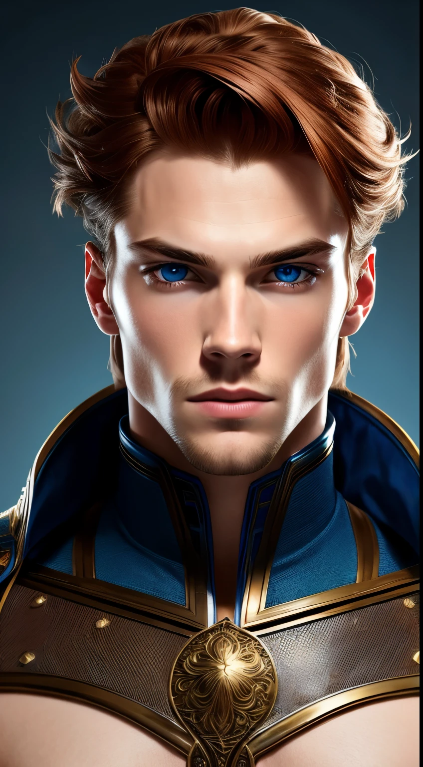 (extremely detailed 8k wallpaper), a medium photo of a young male model, blue colored eyes, chestnut hair, strong chin, afraid, intricate, high détail, dramatic, shapely body, what height, whole body, prince's aesthetic, gothic architecture, wearing no shirt, cinematic lighting