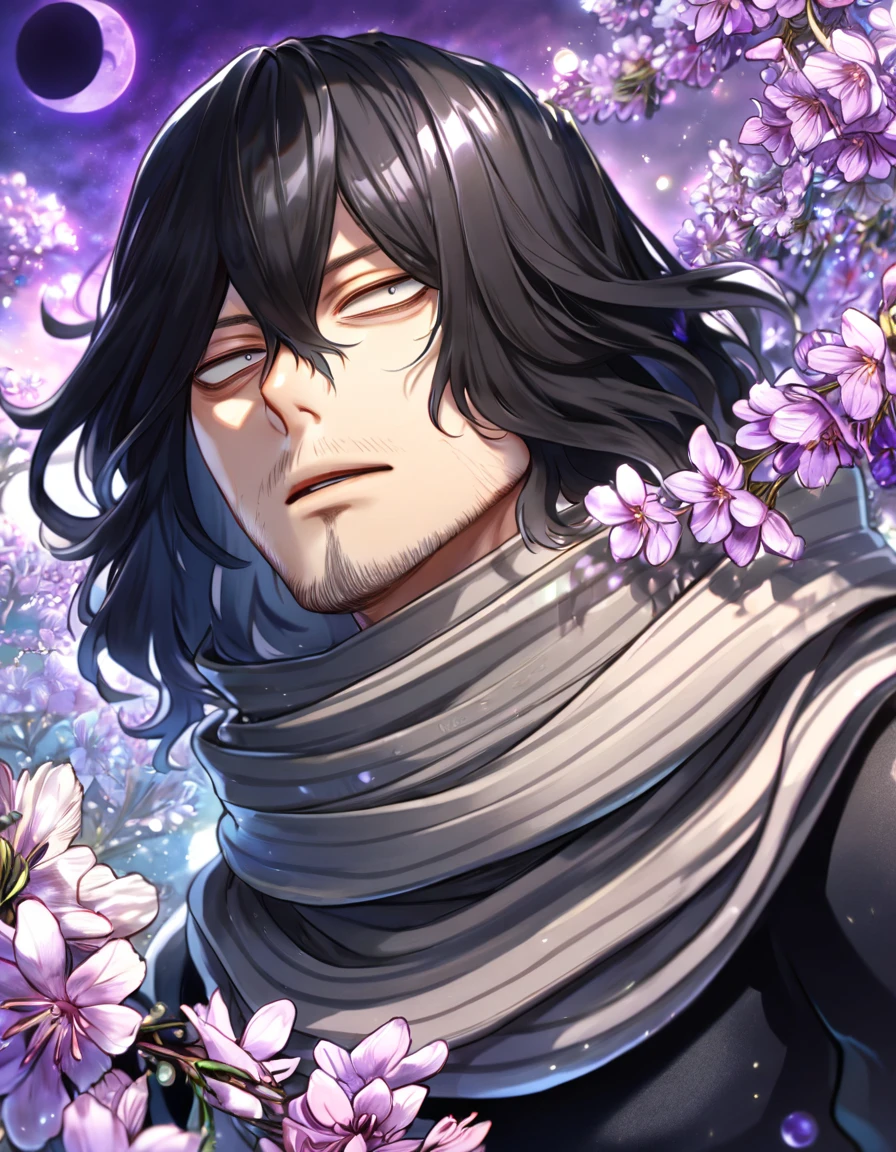 absurdres, highres, ultra detailed, HDR, master piece, best quality, Eraser Head, black hair, expressive gray eyes, medium hair, faint beard, Boku No Hero Academia, solo, sexy man, handsome, gray scarf, black hero clothes, magical, fantasy, purple moon, purple flowers, purple blossoms, purple petals, fireflies