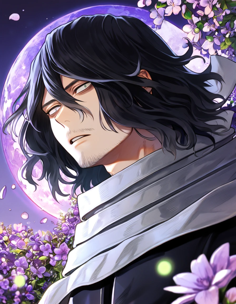 absurdres, highres, ultra detailed, HDR, master piece, best quality, Eraser Head, black hair, expressive gray eyes, medium hair, faint beard, Boku No Hero Academia, solo, sexy man, handsome, gray scarf, black hero clothes, magical, fantasy, purple moon, purple flowers, purple blossoms, purple petals, fireflies