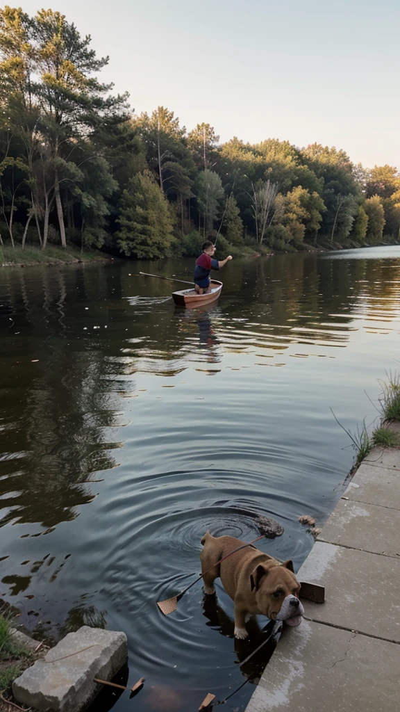 The 8--old  throws sticks into the lake for his Bulldog to fetch 