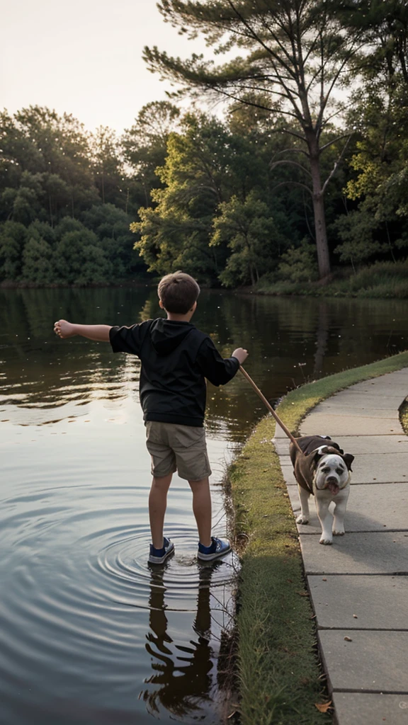 The 8-year-old boy throws sticks into the lake for his Bulldog to fetch 
