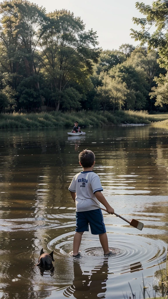 The 8-year-old boy throws sticks into the lake for his Bulldog to fetch 