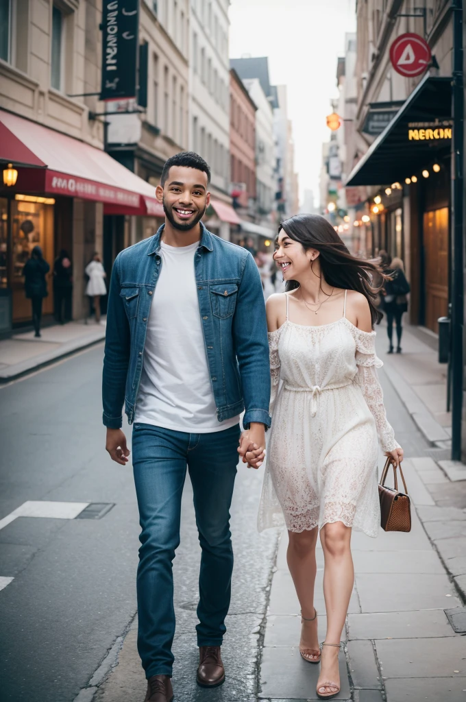a couple in love, happy people walking through the city