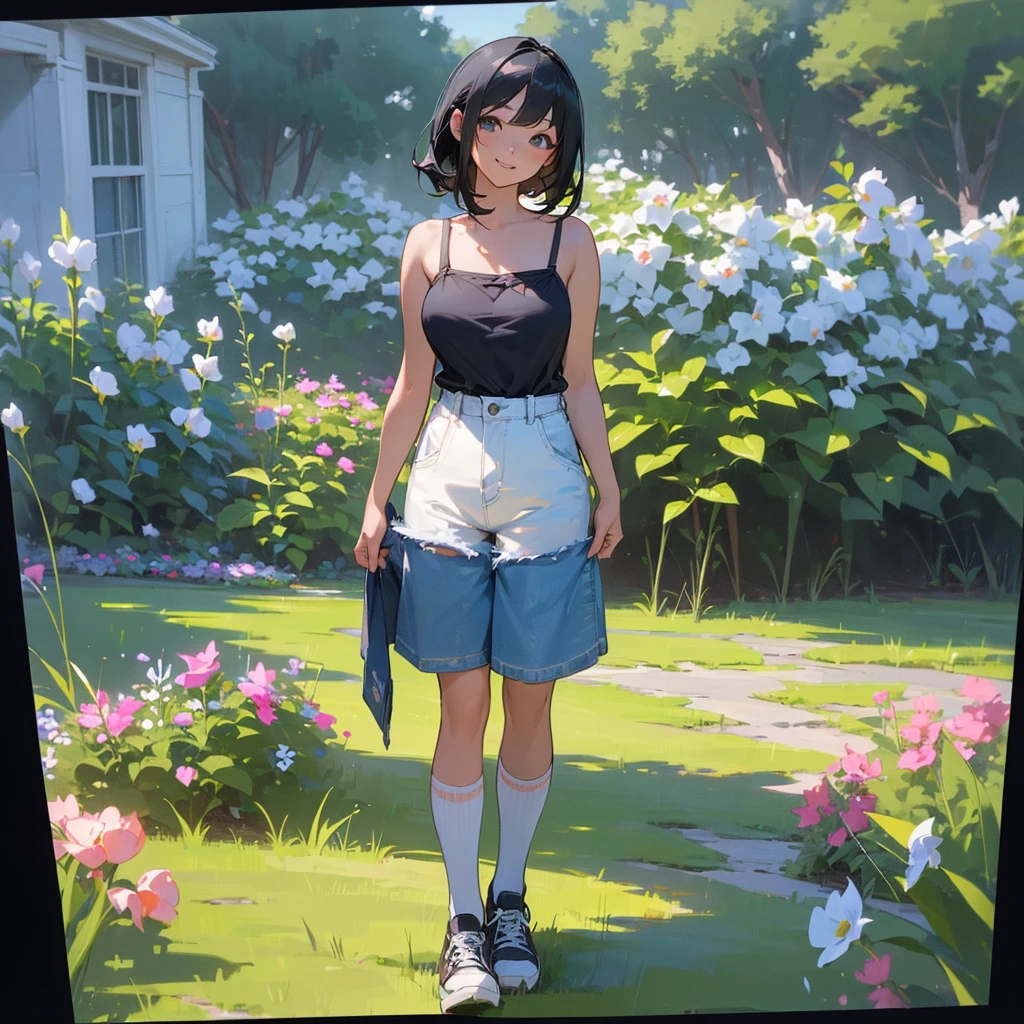 (high quality, High resolution, Very detailed, reality:1.37), Peaceful atmosphere, (Outdoor, garden), Teenage girl standing alone, (my breasts are big.), Beautiful details, Cute Smile, (Black bob hair), camisole, Denim shorts, Blue socks, sneakers.