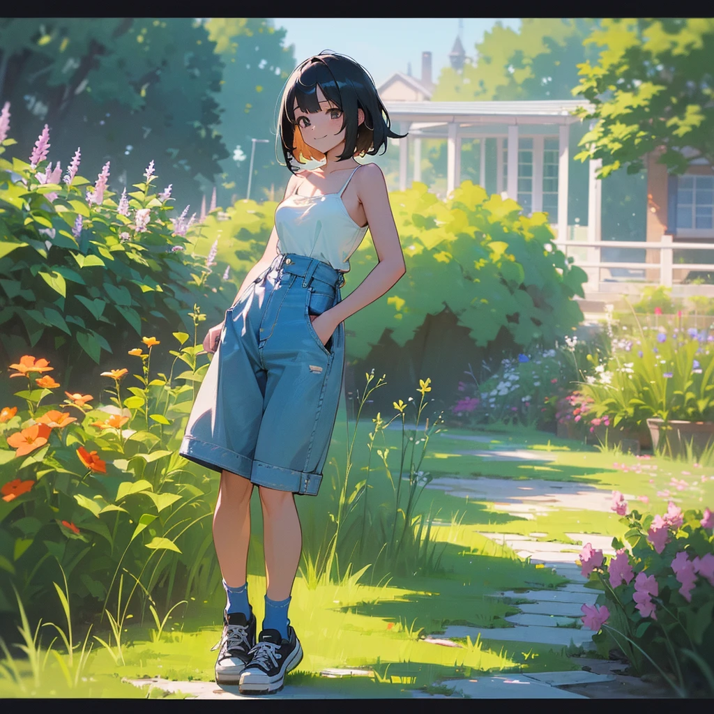 (high quality, High resolution, Very detailed, reality:1.37), Peaceful atmosphere, (Outdoor, garden), Teenage girl standing alone, (my breasts are big.), Beautiful details, Cute Smile, (Black bob hair), camisole, Denim shorts, Blue socks, sneakers.