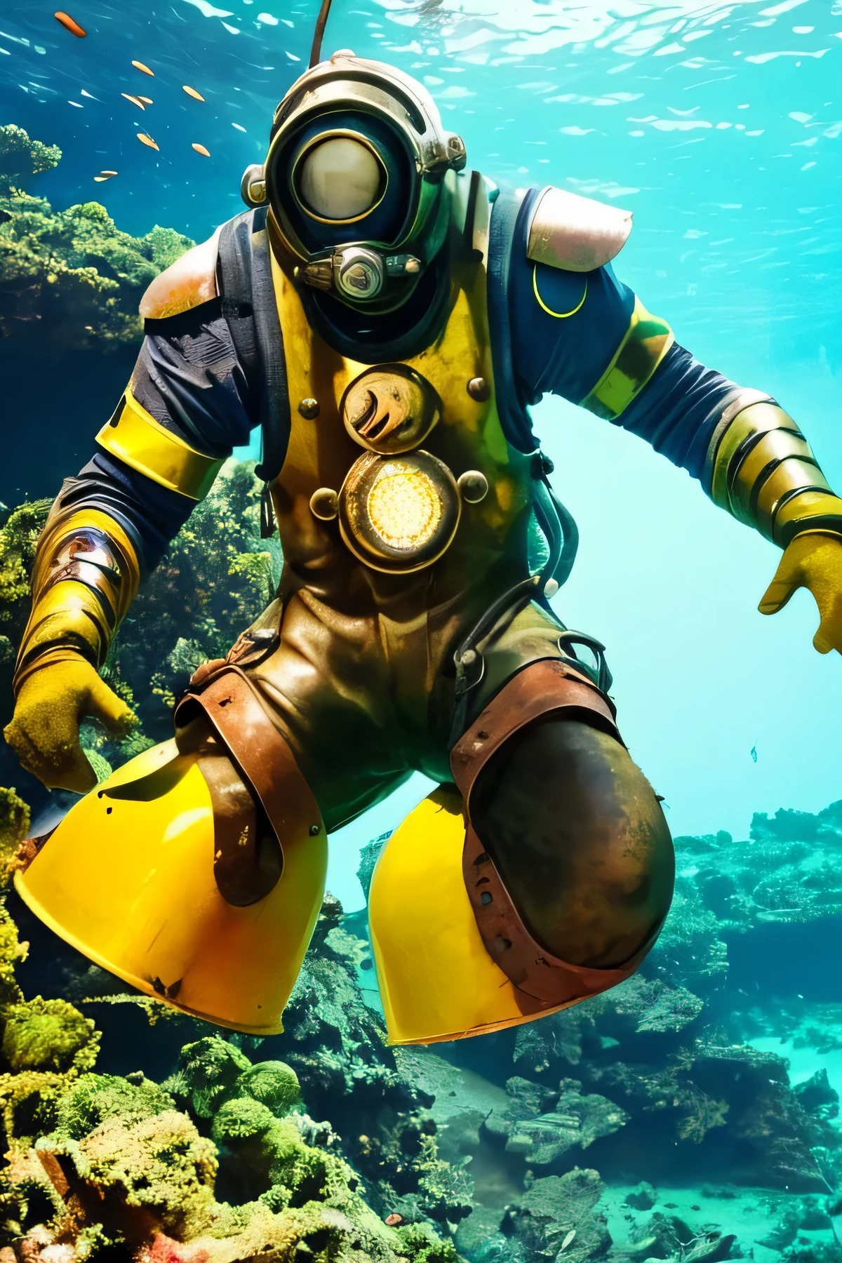 Big brother, metal diving suit, helmet with bright yellow glass, BIOSHOCK, somewhat rusty armor, reinforced gloves legs arms and feet, drill in the right hand, glass tubes on his back one blue and the other red, under the sea, camouflage floor-length combat skirt,