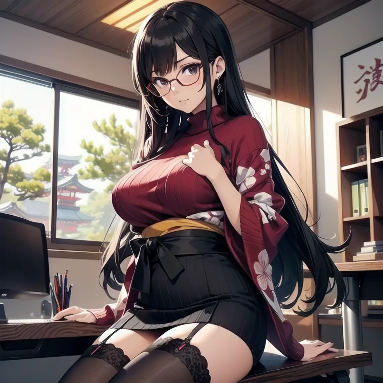 1girl, anime, black eyes, long black hair with square bangs, very long black hair, super long black hair, skirt and stockings, heels, black Japanese style kimono mixed with ribbed black sweater with red accents and sakura floral design, ((ribbed black sweater)) adult, (Japanese shrine/temple background), gamer, (((gamergirl))), (((office lady))), kimono sleeves, garter, graceful, (nerdy), ((large chest)), ((big chest)), (busty), ((((glasses))))