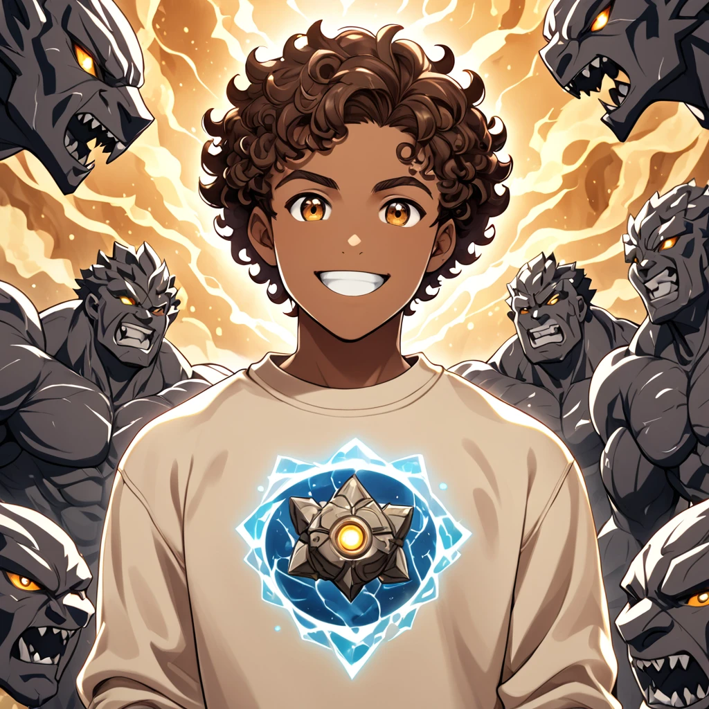 age muscular light black man, short brown curly hair, eyes browns, stone elemental power, sweatshirt, happy.