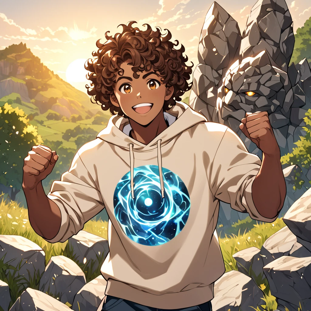 age muscular light black man, short brown curly hair, eyes browns, stone elemental power, sweatshirt, happy.