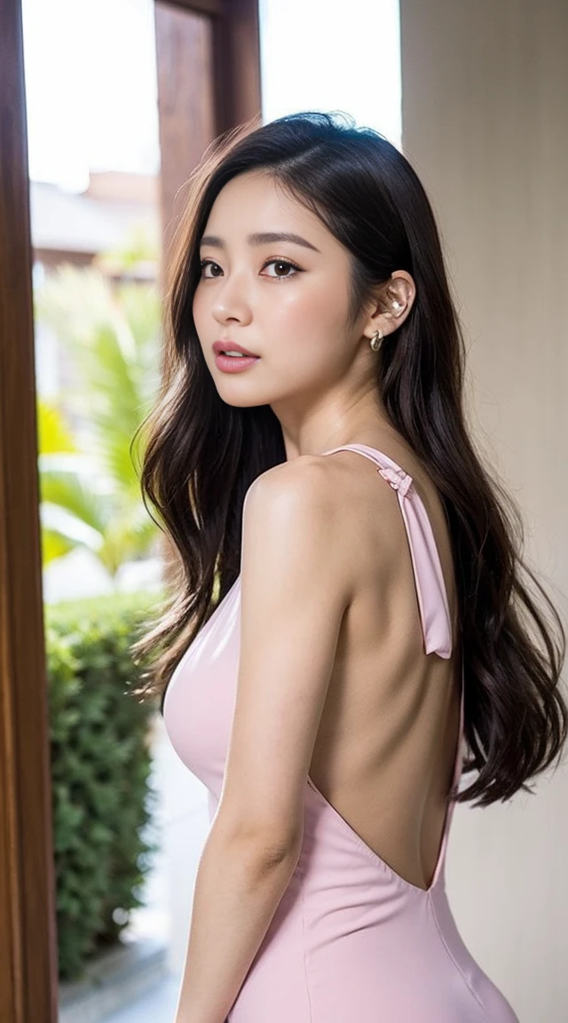 Dark brown hair、Light brown eyes、Japanese actress、 Lady、I am about 40 years old..、(Intricate details:1.2)、(Which one is on top??:1.4)、 (Ultra-high resolution:1.2)、Ultra-high resolution、(Finely tuned)、(Detailed facial features)、Hmph、8K resolution、D cup size breasts、Long Hair、Blocks sunlight and shade、A balcony with a resort feel、Pink flowers are decorated in the background、Pink flowers blooming in a resort area、Decorate your ears with deep pink flowers、white wall、white floor、Full body photo、Head to toe shot、Beautiful legs、white One piece with a wide open back、Blackpink Jenny 私 took this photo with the image of、Beautiful legs、she, Fashion Hub, Extreme Detail, Very detailed, Realistic, Hourglass-shaped body, Obscene pose、Lift your chin a little、Please open your mouth a little、Poses that make you feel weak、Are crying、Deep sorrow、