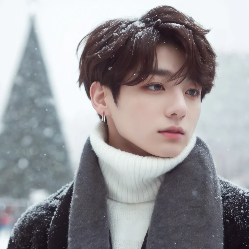 a closeup of a person wearing a scarf and sweater, jungkook, BTS group, kpop idol portrait, realism artistic style, beautiful androgynous prince, bts, delicate androgynous prince, inspired by jungkook jeon young pale angel