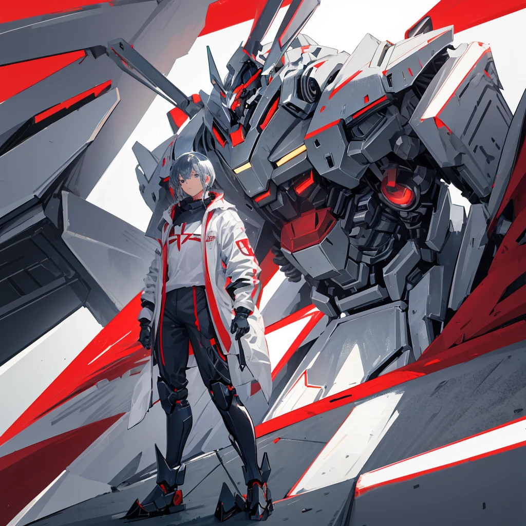 A mecha made of steel,There is no one in the picture,A huge mecha flashing red,((Plain gray background))