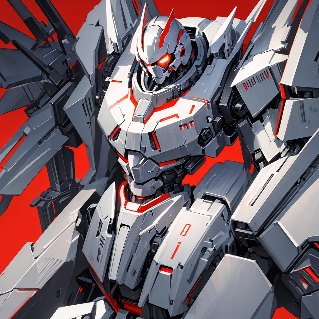 A mecha made of steel,There is no one in the picture,A huge mecha flashing red,((Plain gray background))